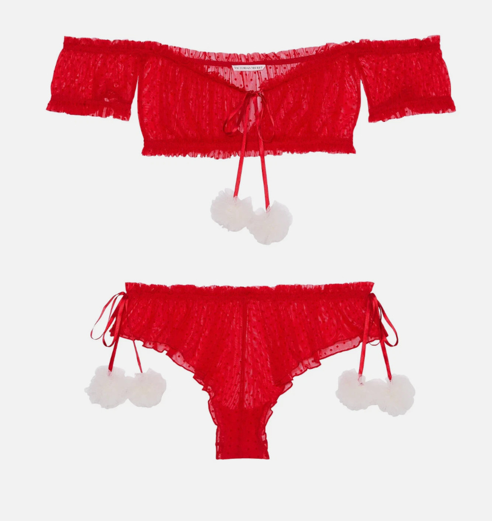 VICTORIAS SECRET RED SHEER MESH VELVETY DOTS COQUETTE POM TOP PANTY SET HOLIDAY